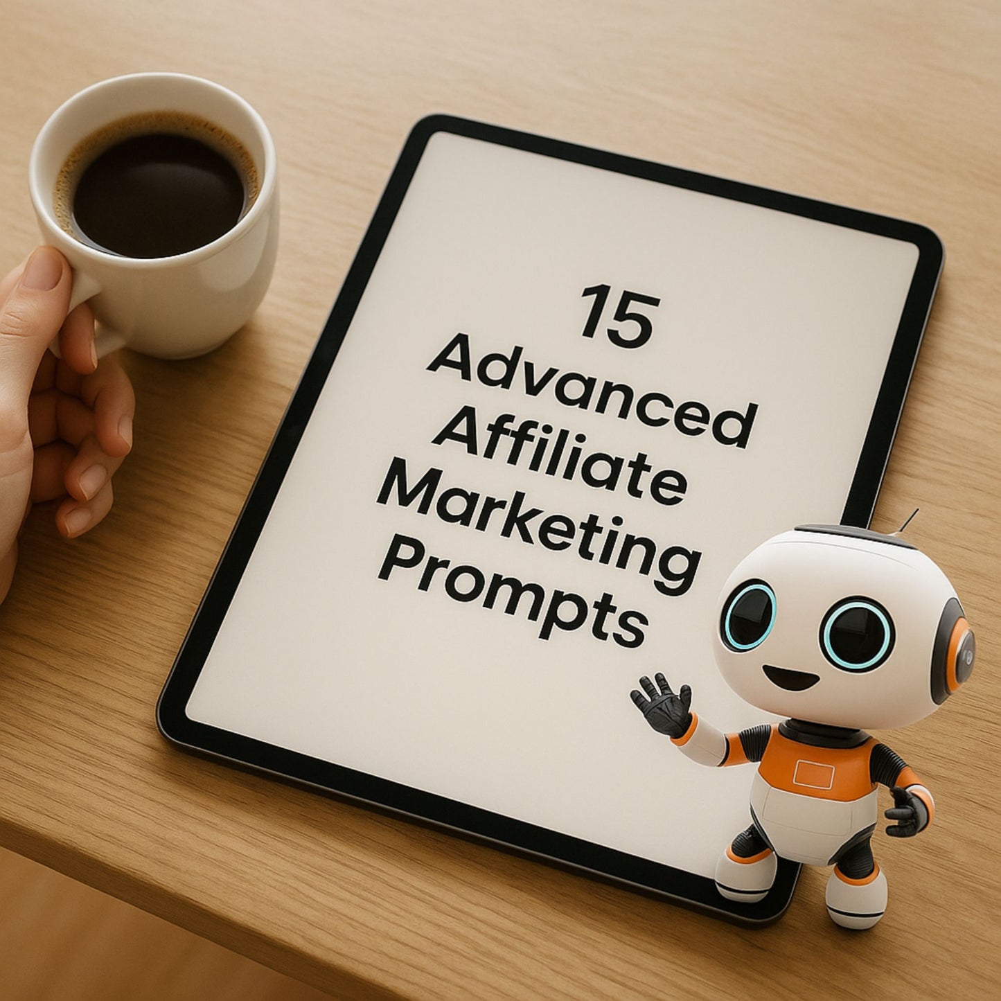 Realistic mockup photo featuring a beige tabletop, a digital tablet displaying “15 Advanced Affiliate Marketing Prompts,” a coffee cup, and Bitsy the assistant robot—ideal for digital entrepreneurs and creators.