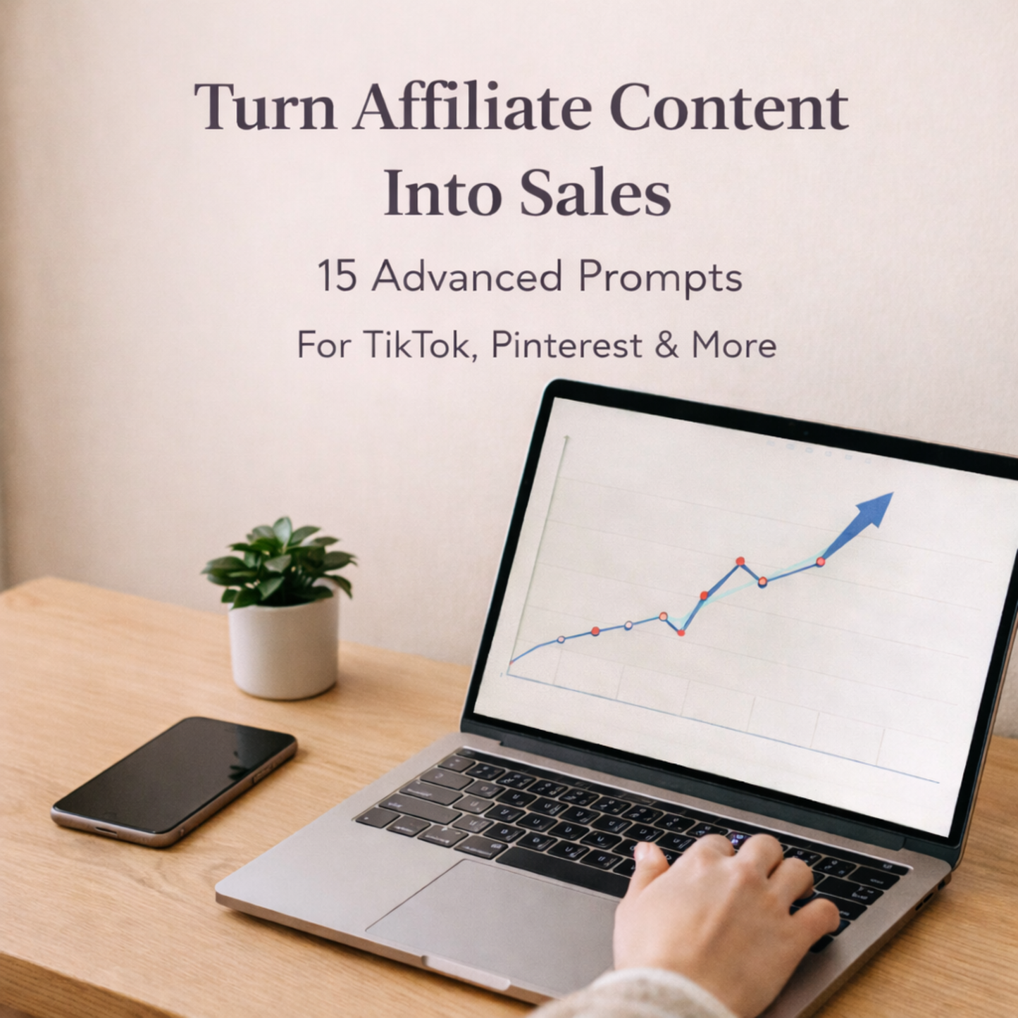 Realistic product image for premium affiliate content prompts showing a laptop with a rising sales graph, a smartphone and a small desk plant on a wooden desk.