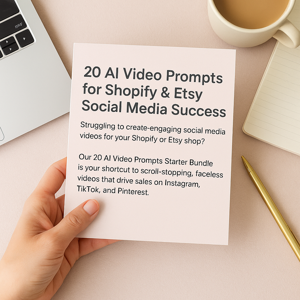 A realistic flatlay-style image showcasing a person holding a printed card that promotes a digital AI video prompt bundle for Etsy and Shopify sellers. The card reads: "20 AI Video Prompts for Shopify & Etsy Social Media Success" and includes a short description about scroll-stopping, faceless video ideas. The scene includes a soft pink background, a laptop, a cup of coffee, a golden pen, and a notebook, all arranged to convey a warm, minimal, and productivity-focused workspace aesthetic. Perfect for market