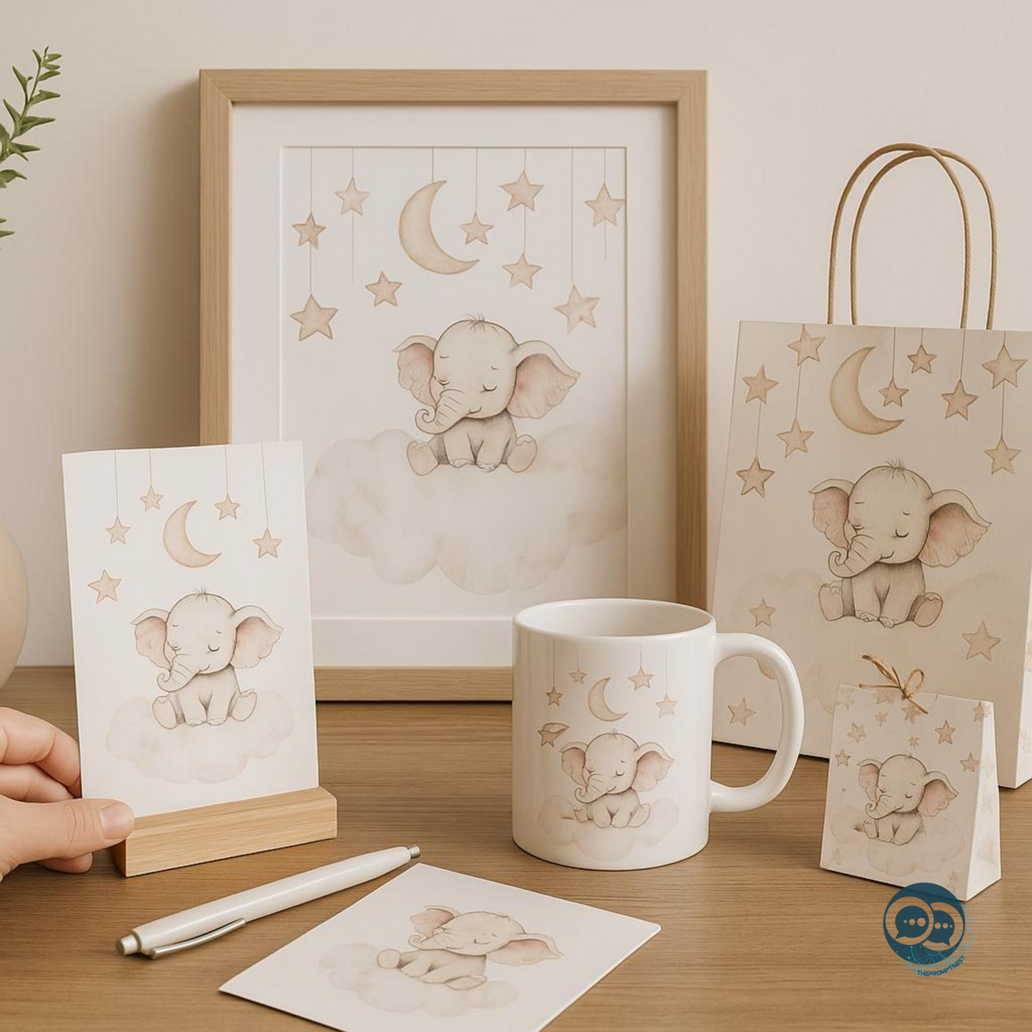 A styled mockup featuring print-on-demand nursery wall art created with AI. The image displays various cute and colorful designs on frames, posters, and canvases, demonstrating what’s possible with the AI Nursery Art Prompts for Beginners.