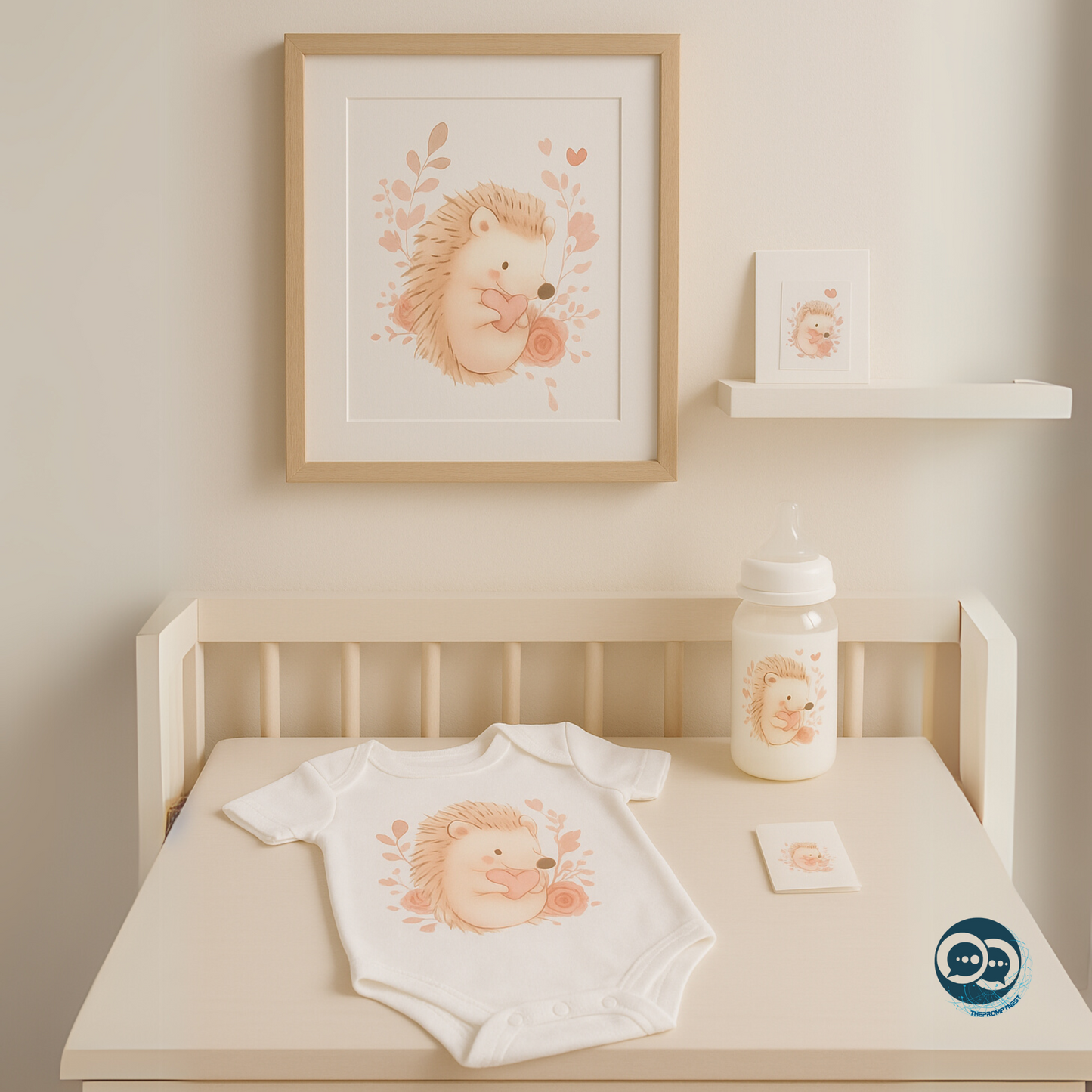 A cozy, pastel-toned Scandinavian nursery featuring a cute hedgehog design as framed wall art above a crib, printed on a white baby onesie on a dresser, a matching baby bottle, and a greeting card on a shelf — soft natural lighting, modern and clean aesthetic.
