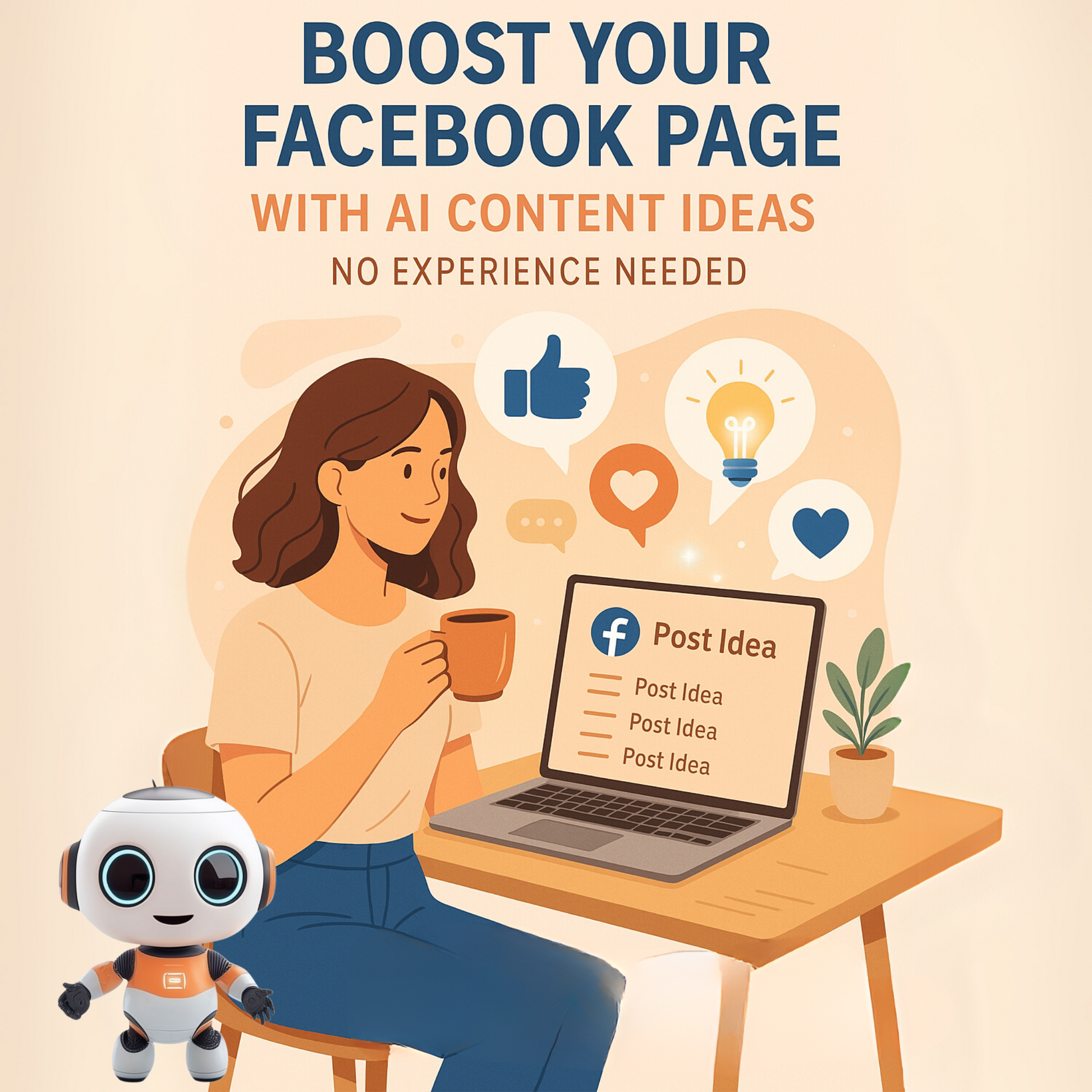 Illustration showing a Facebook content planner with AI icons, designed to help small business owners generate post ideas and boost engagement.