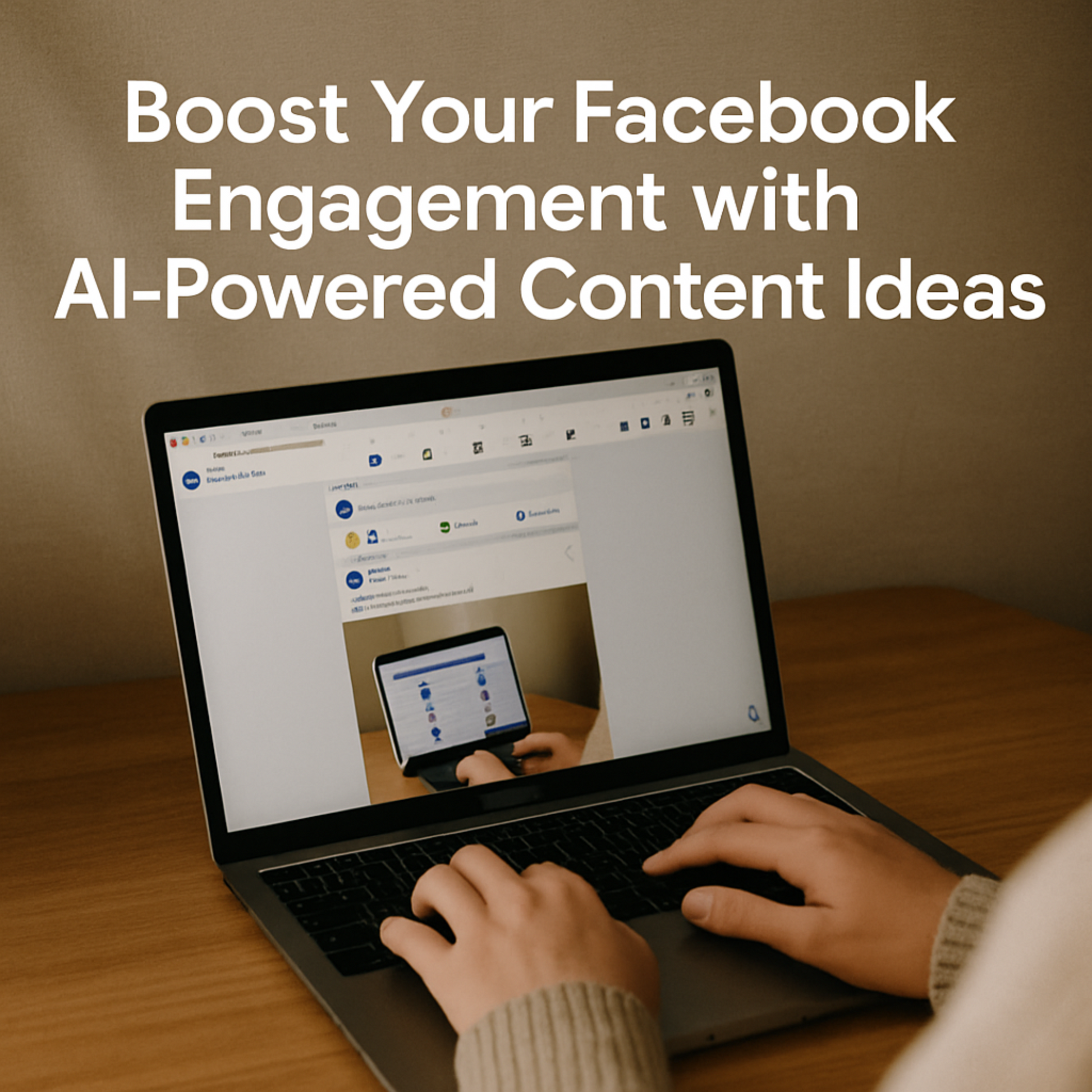 A person working on a MacBook with Facebook open, showcasing a promotional message about boosting Facebook engagement using AI-powered content ideas.