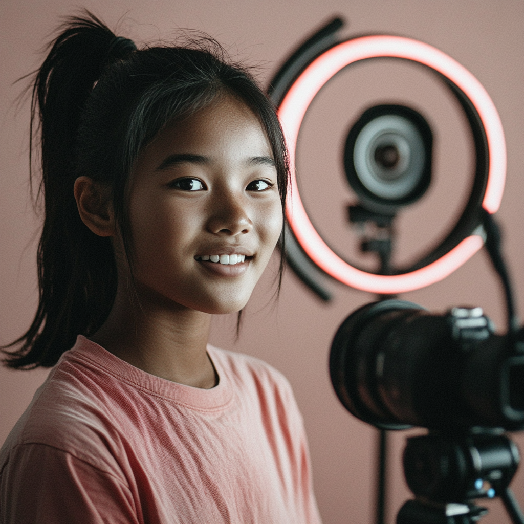 A content creator filming a TikTok video using AI-generated ideas, showcasing the ease and speed of creating content with ready-to-use prompts