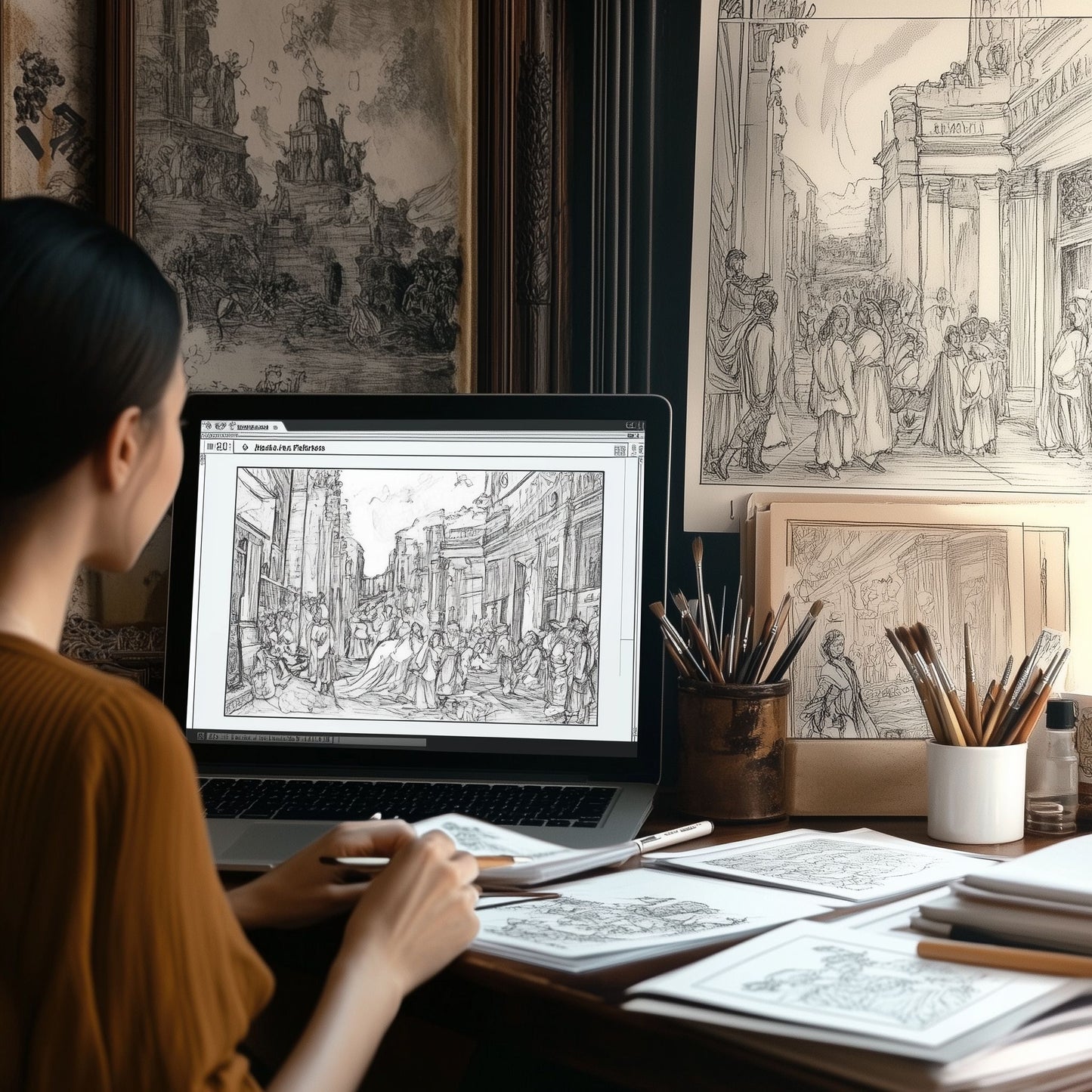 Laptop displaying a sample historical moments coloring book on screen, using an AI prompt to design pages to sell or print.