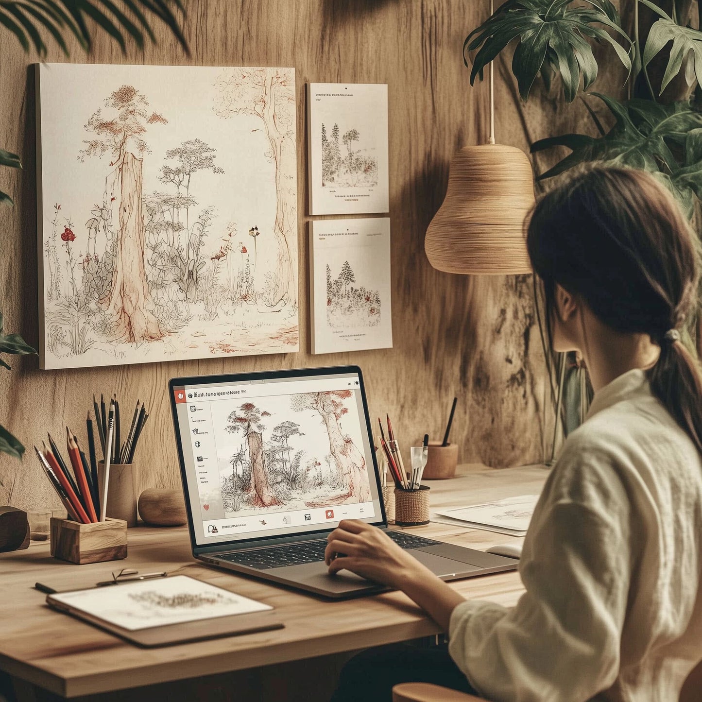 Laptop screen displaying a nature-themed coloring book, showing how AI can help create beautiful nature pages for your coloring book.