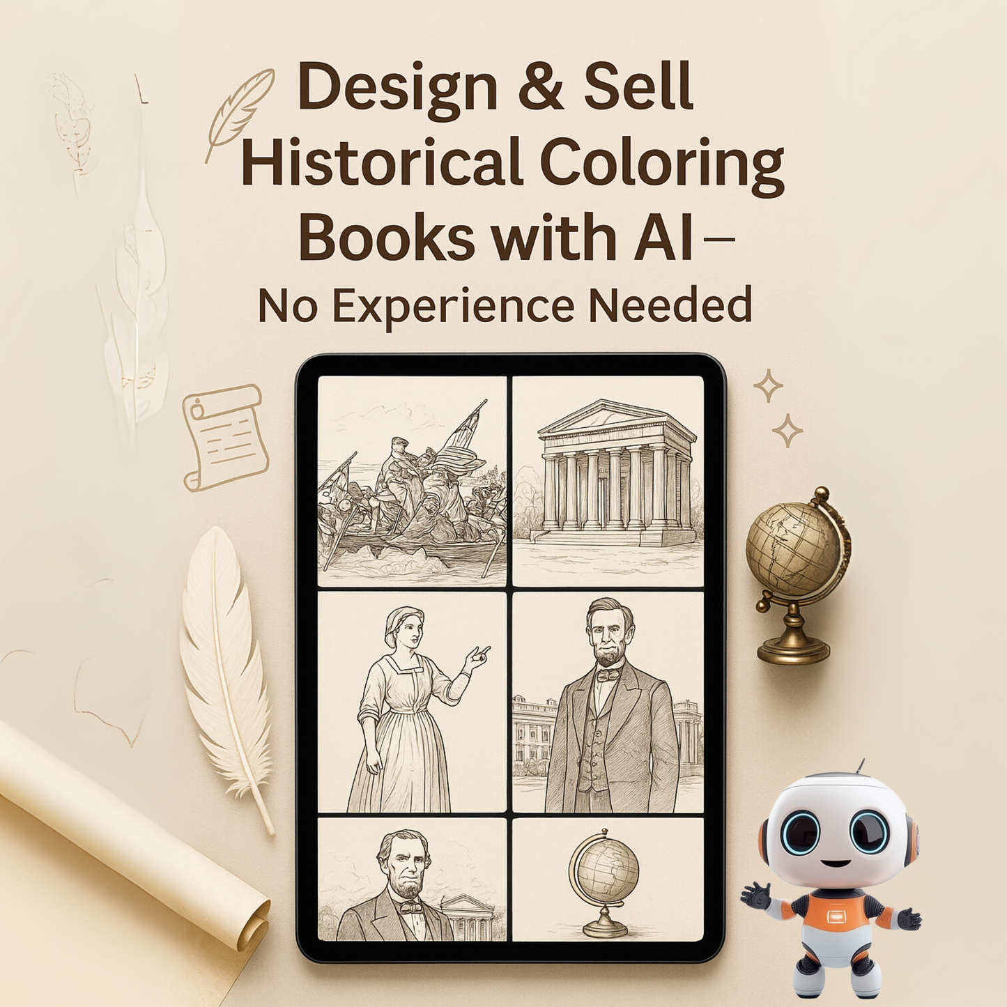 A flatlay image of a digital tablet displaying hand-drawn historical coloring pages, placed on a soft neutral background with icons like a feather pen, scrolls, and a globe. Text overlay reads “Design & Sell Historical Coloring Books with AI – No Experience Needed