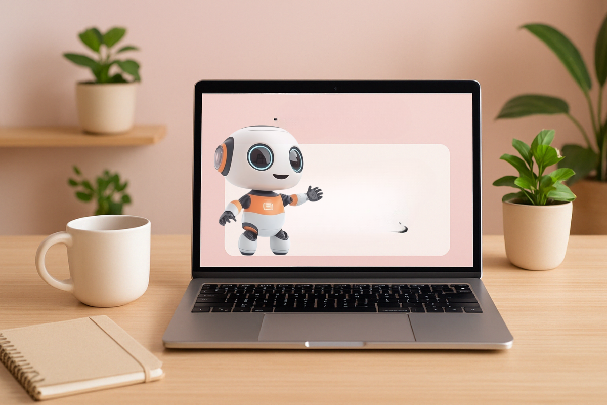 Bitsy, the AI robot, assisting in digital creation on a laptop in a comfortable setting