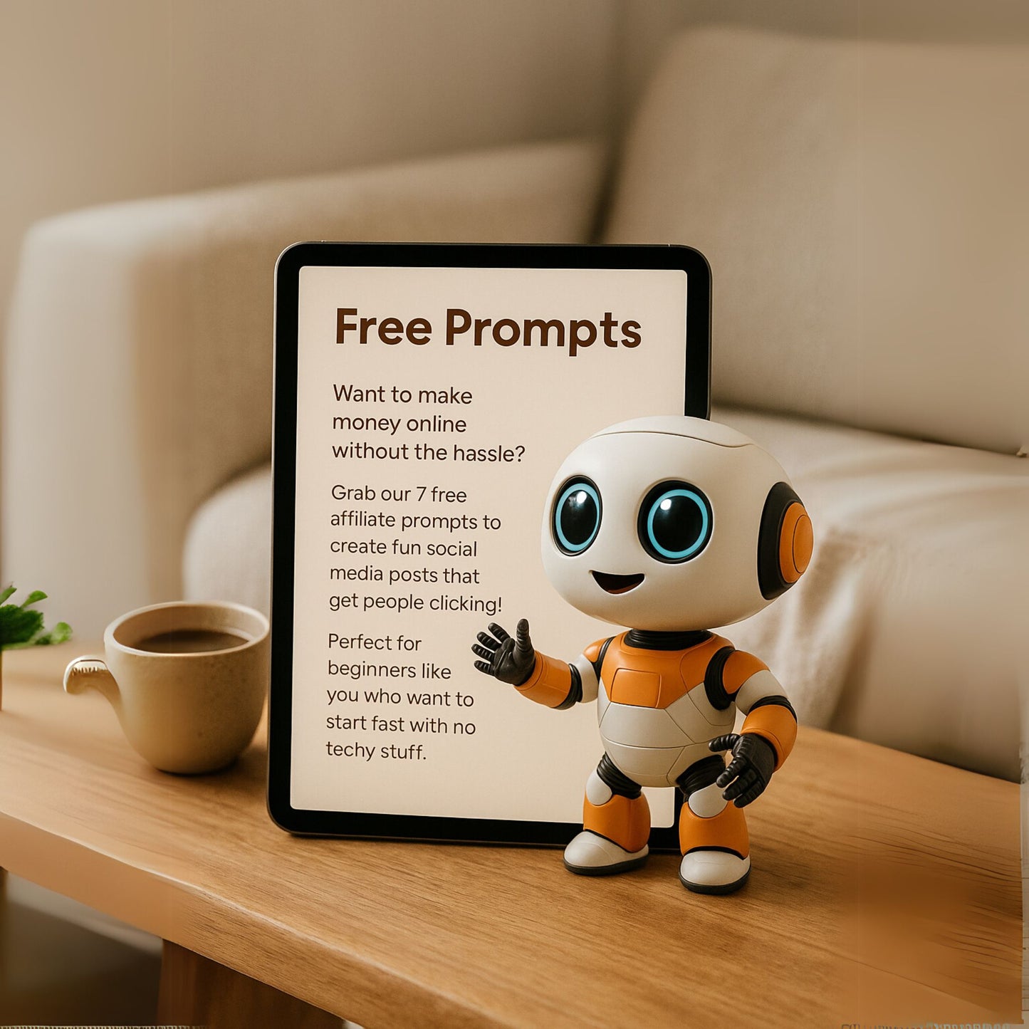 Digital flat-lay showing a tablet on a white background with the text “7 Free Affiliate Prompts”, surrounded by pastel social media icons and a small robot character (Bitsy), ideal for online business starters.