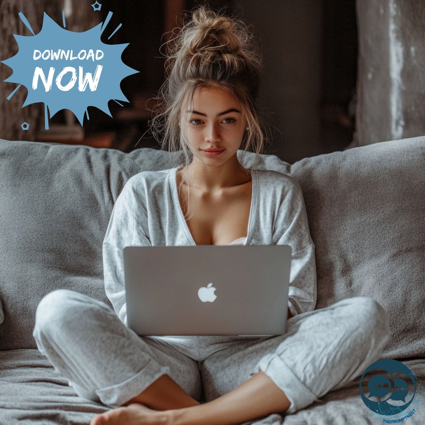 Woman sitting at a laptop with 'Download!' text, ready to use MidJourney AI prompts to create beautiful, consistent nursery wall art series.