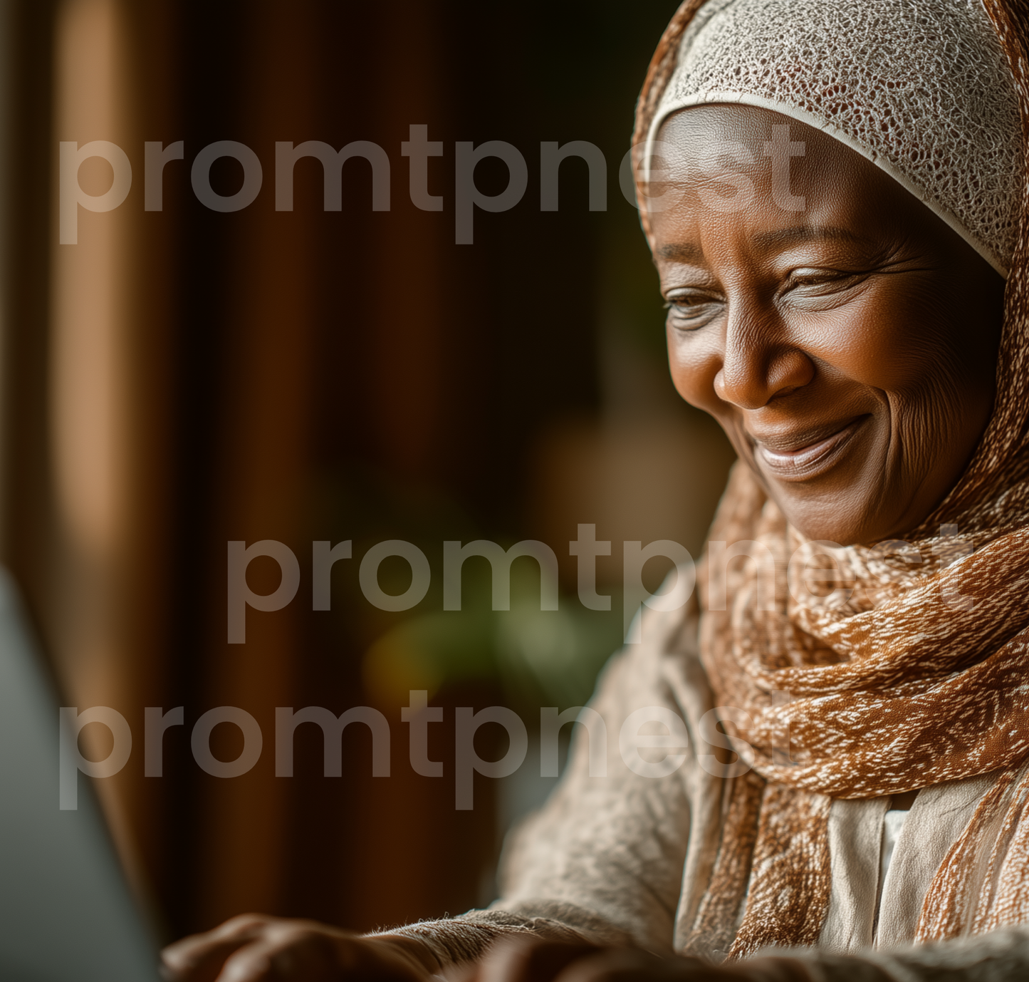 Digital product bundle mockup showing 3 realistic AI stock photos and Midjourney prompt pack from The Prompt Nest.