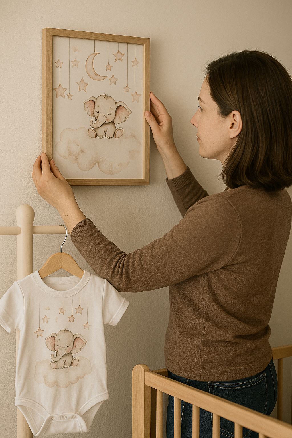 Free, high-quality digital download of a heartwarming and cozy elephant illustration, perfect for creating adorable and soothing wall art for baby nurseries. Ideal for a calming and cute baby room atmosphere.