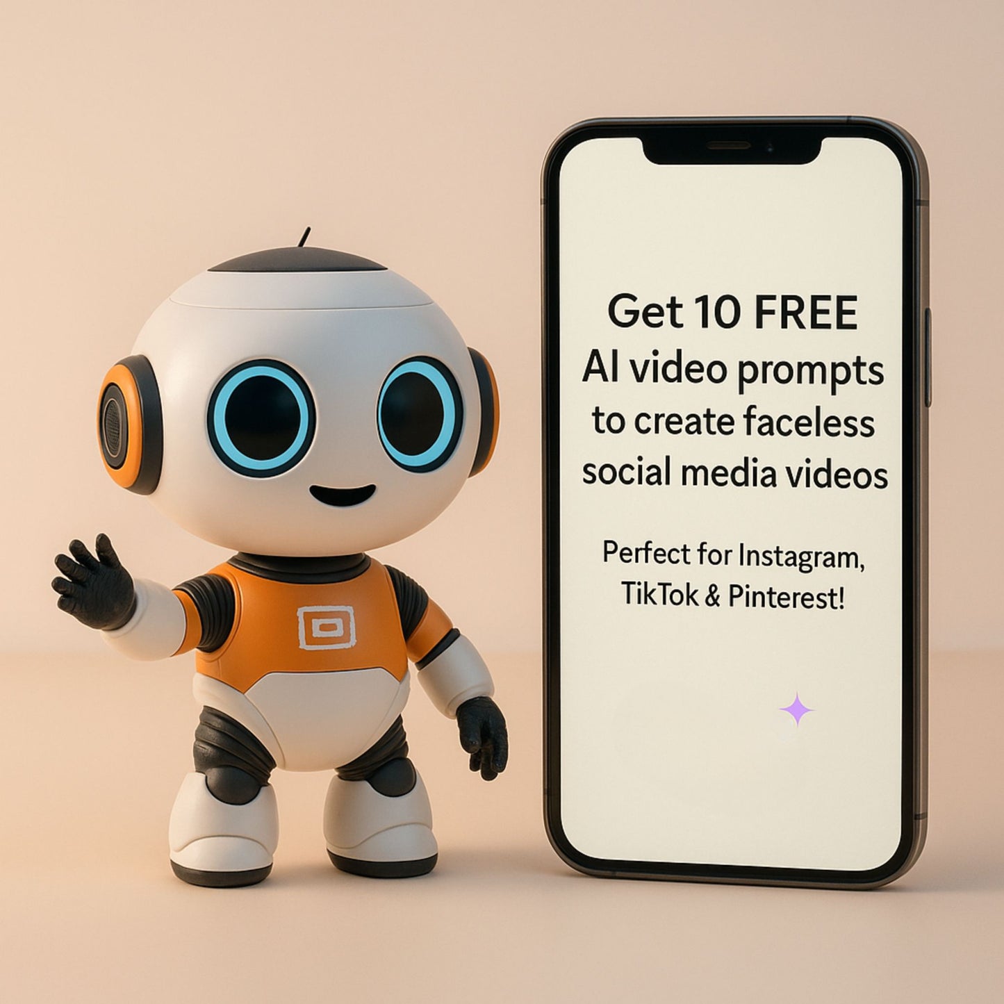 Visual mascot for the Faceless Video Prompt Bundle, featuring a cute futuristic robot symbolizing AI-generated social content without human actors. Ideal for TikTok, Instagram Reels, and creators who want to stay on trend
