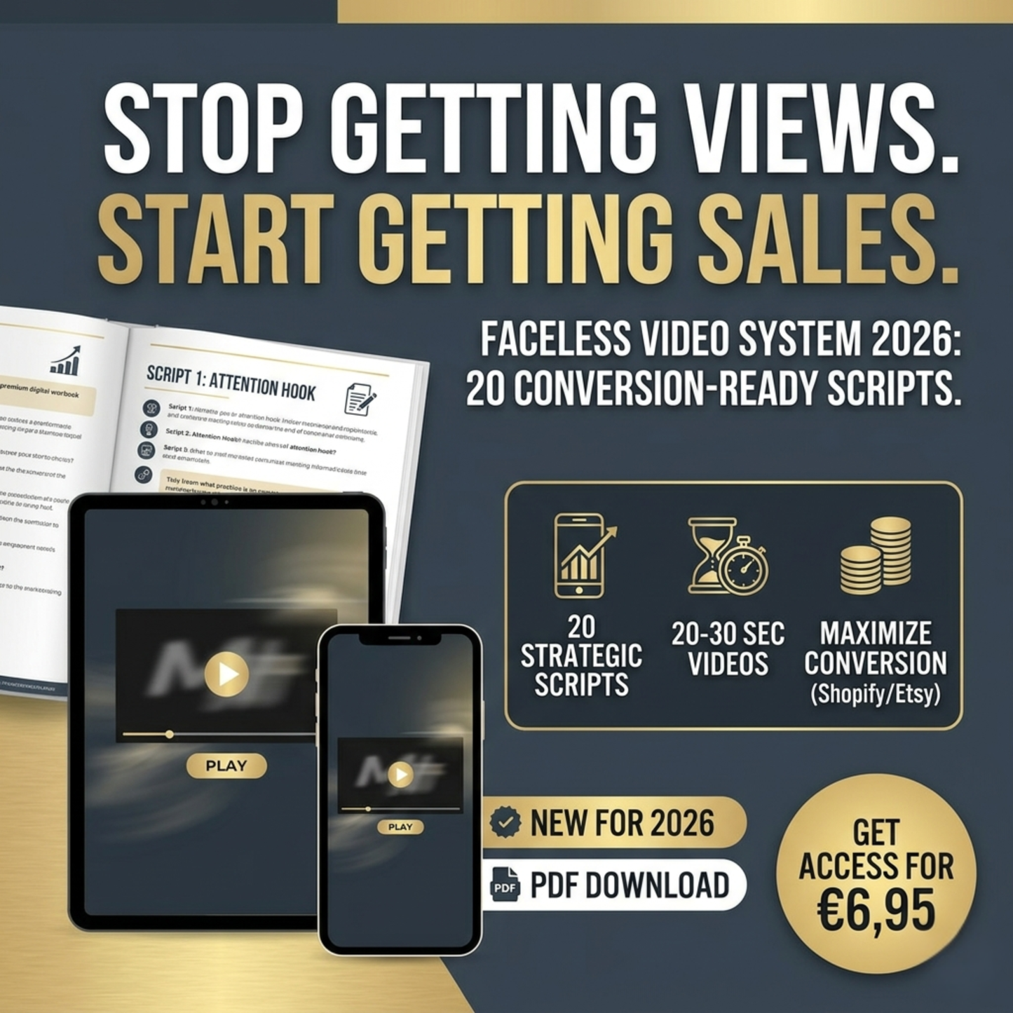 20 faceless video scripts for Shopify and Etsy sellers showing hook, trust, sales, momentum and scaling frameworks for TikTok, Instagram Reels and YouTube Shorts