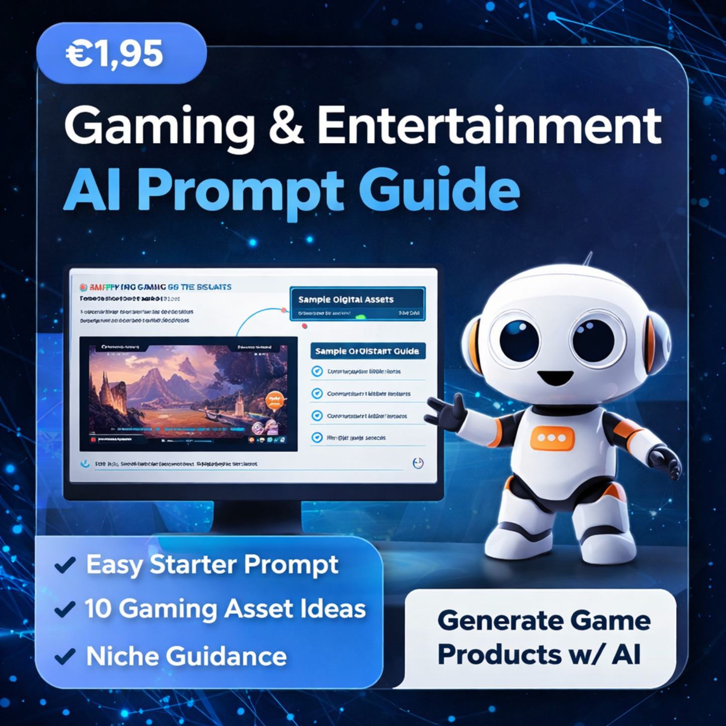 Square product image for the Gaming & Entertainment Prompt Guide, showing an AI-themed gaming product concept for streamers, creators and digital sellers.