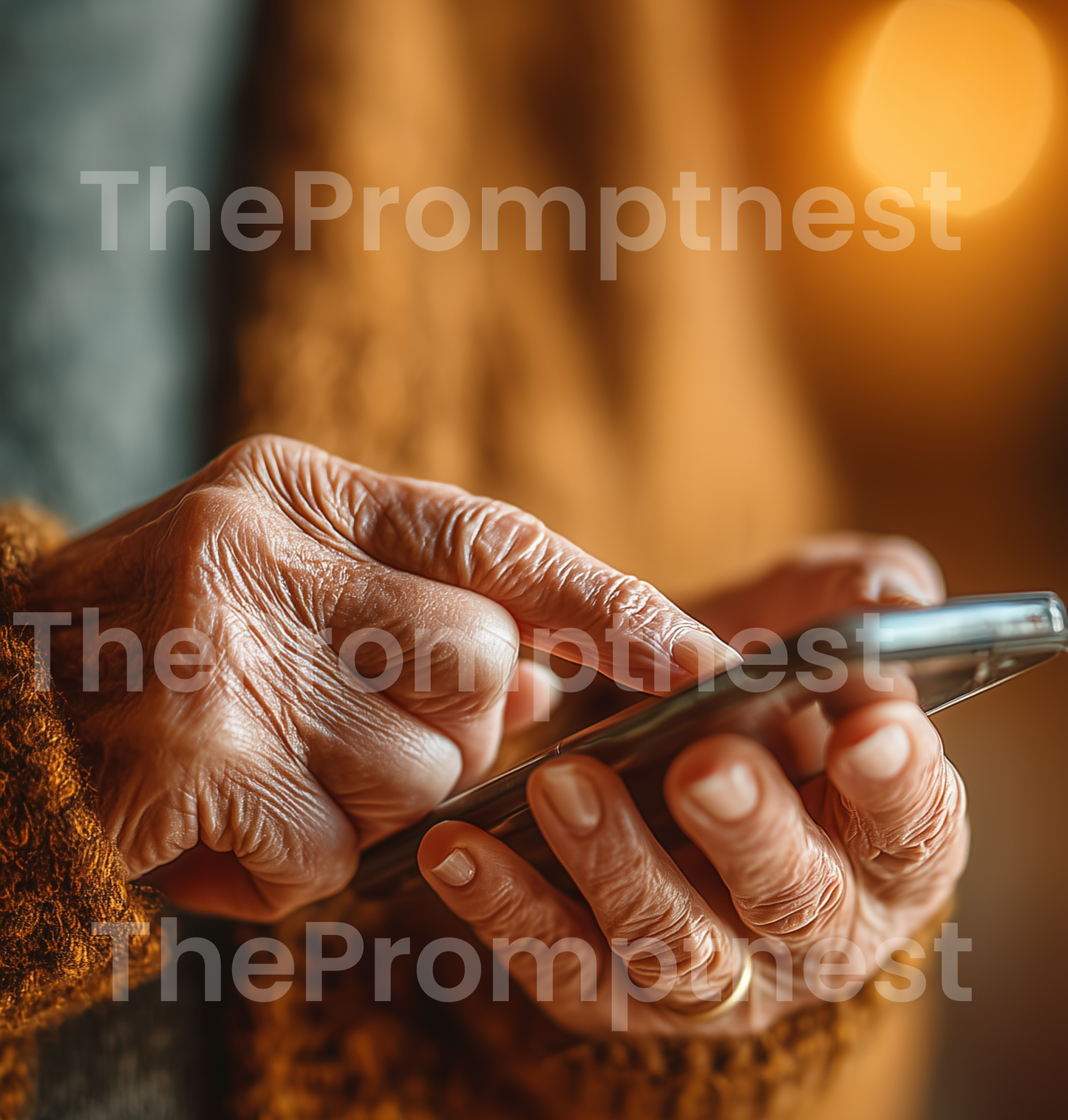 Hyperrealistic AI photo of a diverse elderly hand interacting with a smartphone, warm home environment, The Prompt Nest watermarked.