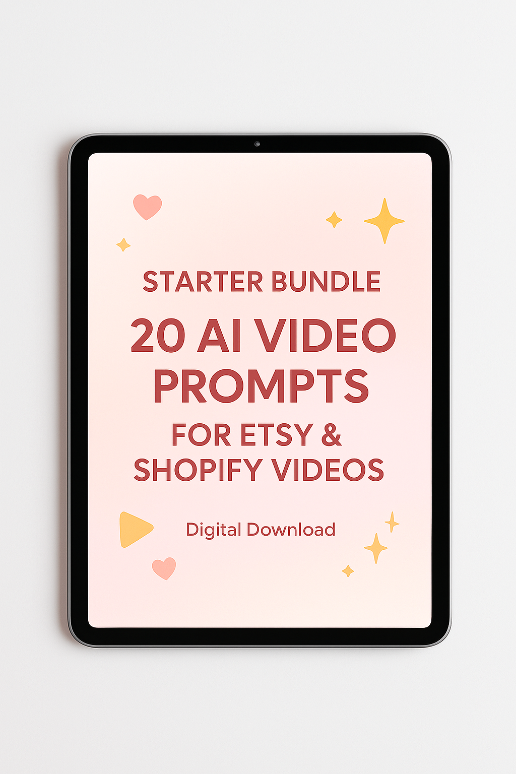Pastel pink mockup of a tablet displaying the Starter Bundle: 20 AI Video Prompts for Etsy & Shopify Videos PDF