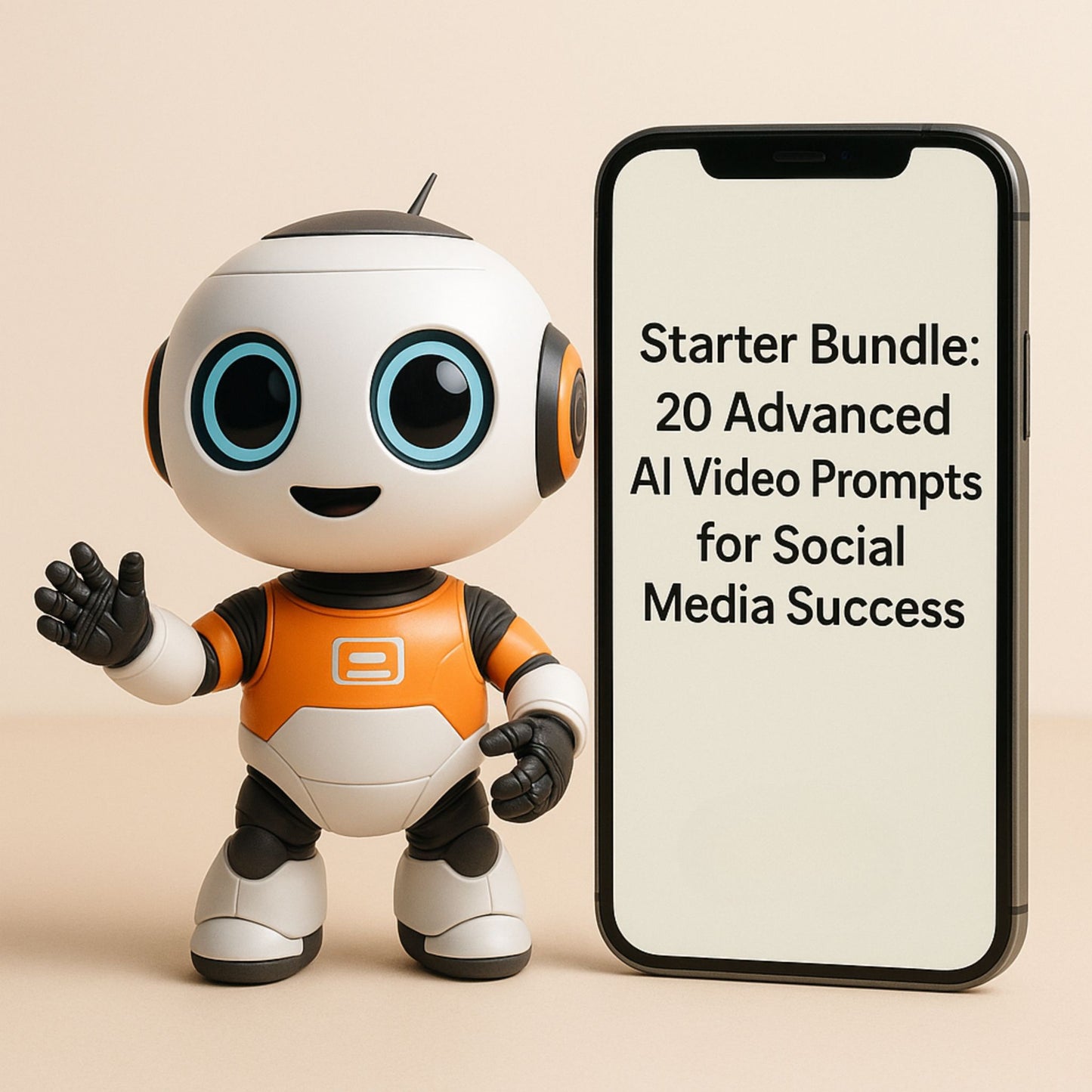 A cheerful AI robot character representing the Starter Bundle for AI Video Prompts. Designed for creators aiming to boost visibility, engagement, and video content on platforms like Instagram, TikTok, and YouTube