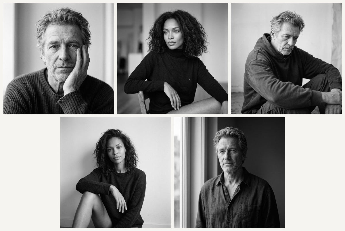 Five cinematic black-and-white AI portrait prompt results with analog film grain, natural faces, soft shadows and introspective poses | The Prompt Nest