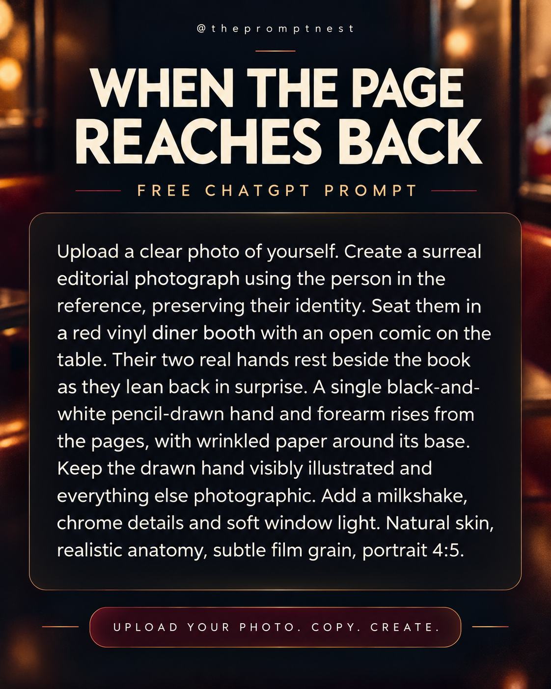 The Prompt Nest readable full prompt for Surreal AI Photo Prompt – Comic Book Comes to Life. Copyable text is also provided on the product page.