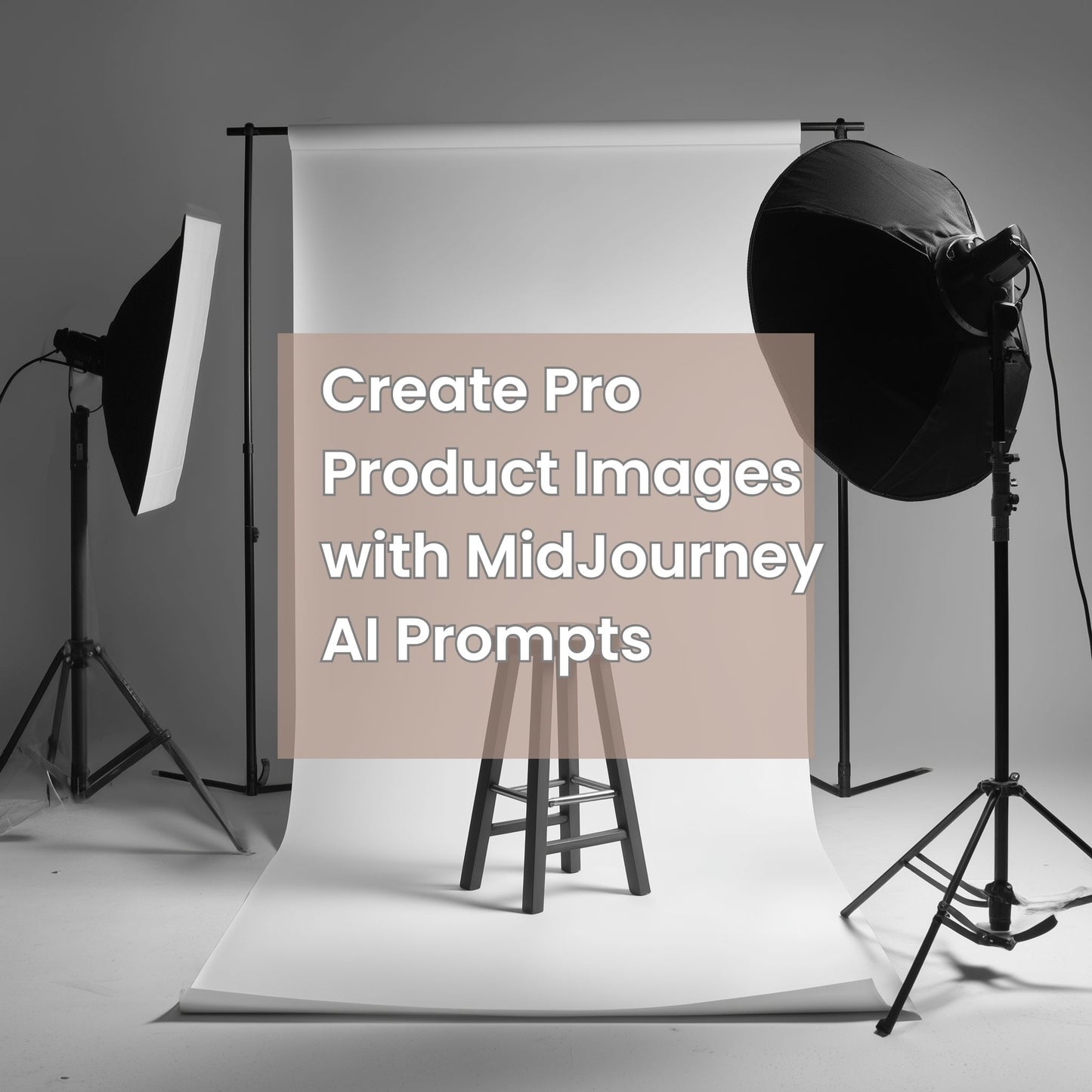 showing photorealistic AI product image with text overlay promoting MidJourney prompts for pro designs