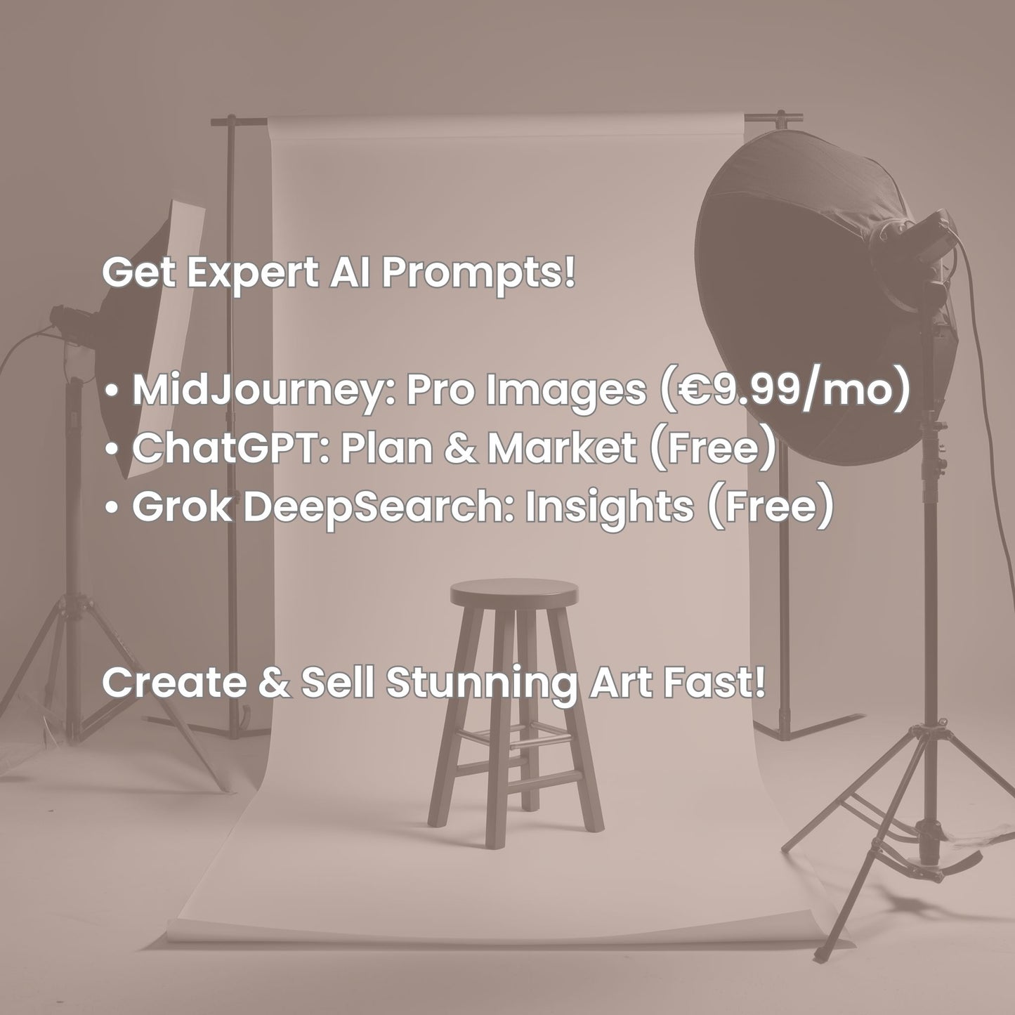 Infographic highlighting MidJourney and ChatGPT for creating and selling pro AI product images with prompts