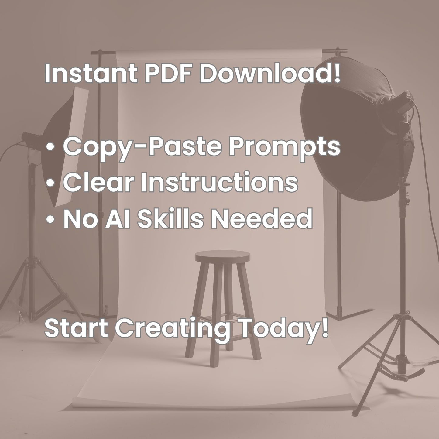 Digital mockup of PDF with text promoting instant download and easy MidJourney prompts for pro product images