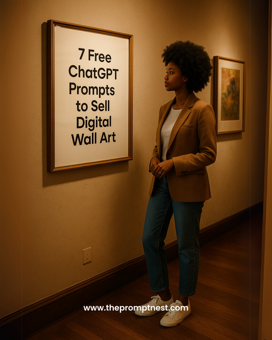 A stylish woman with an afro hairstyle, wearing jeans, a blazer, and sneakers, stands in a warmly lit room admiring a framed artwork. The artwork displays the text "7 Free ChatGPT Prompts to Sell Digital Wall Art," highlighting the use of AI prompts to boost digital art sales online.