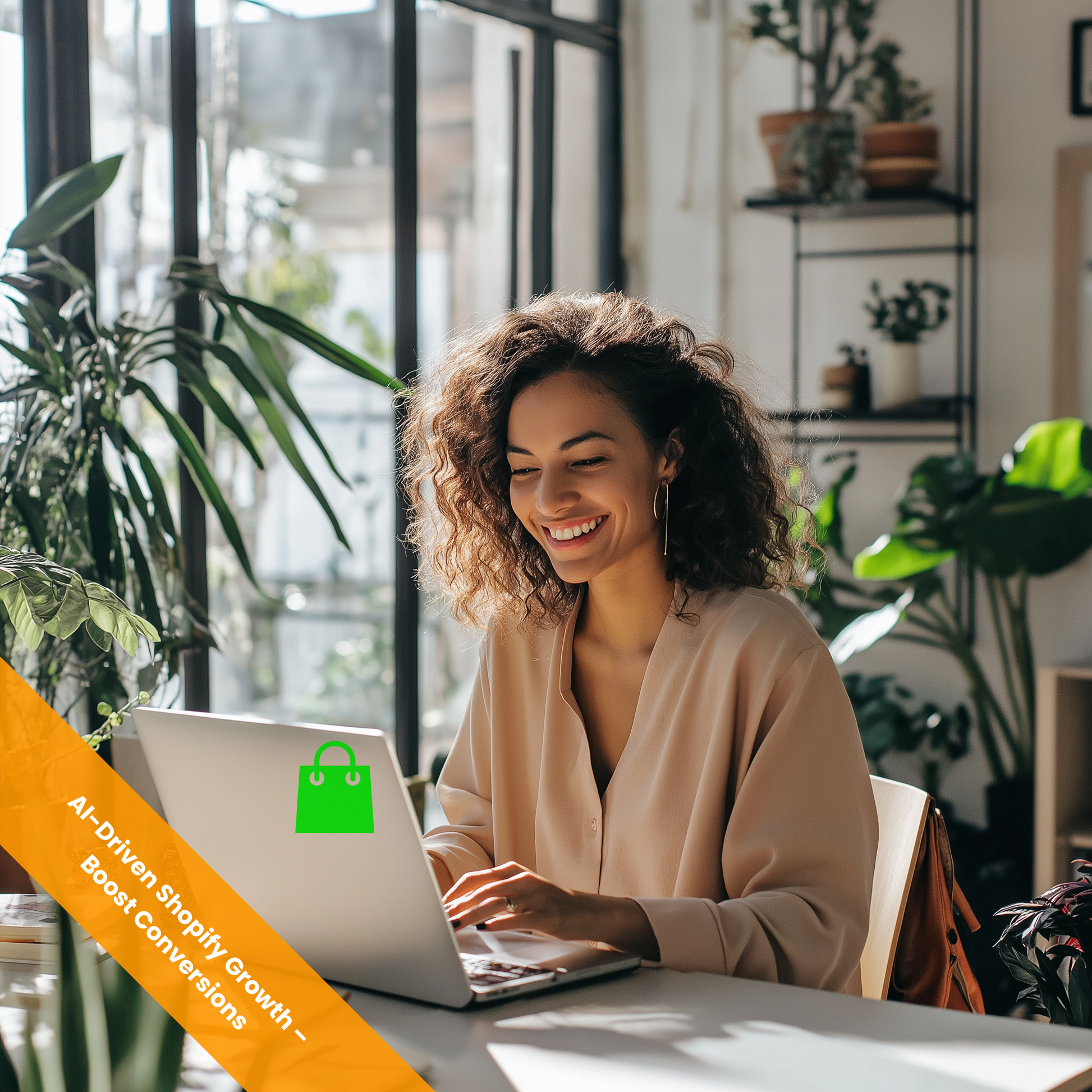 Woman optimizing her Shopify product pages using AI for better sales.