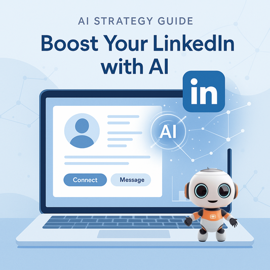 Modern digital illustration of a LinkedIn strategy guide powered by AI, featuring LinkedIn logo, growth icons, and a clean professional layout designed for beginners and entrepreneurs looking to grow their presence online.