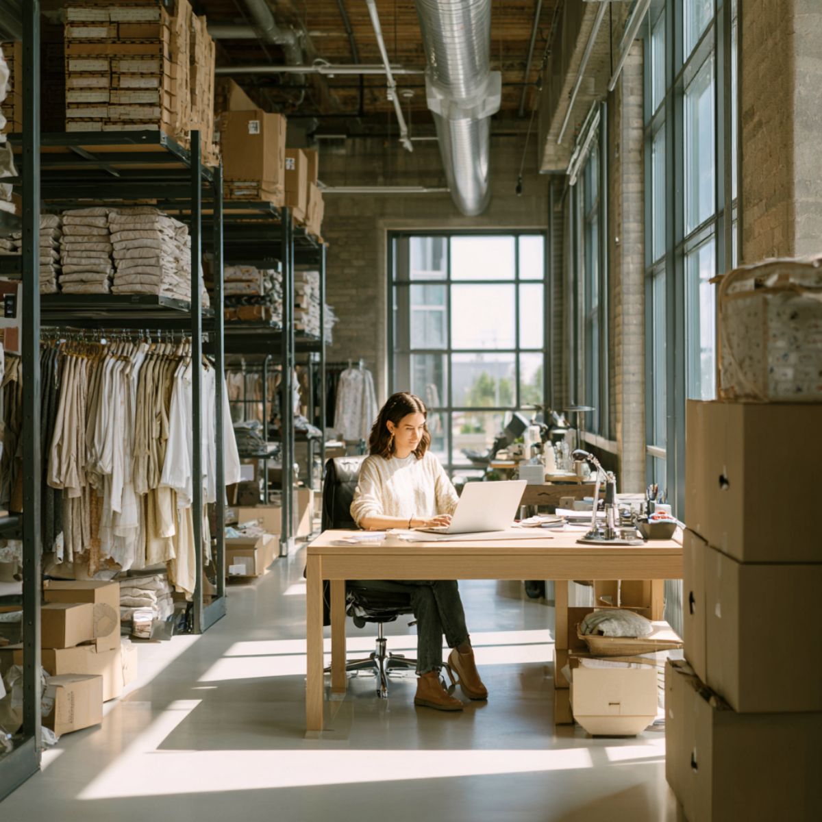 Fashion ecommerce business owner creating structured marketing content inside a clothing warehouse office using AI workflow tools