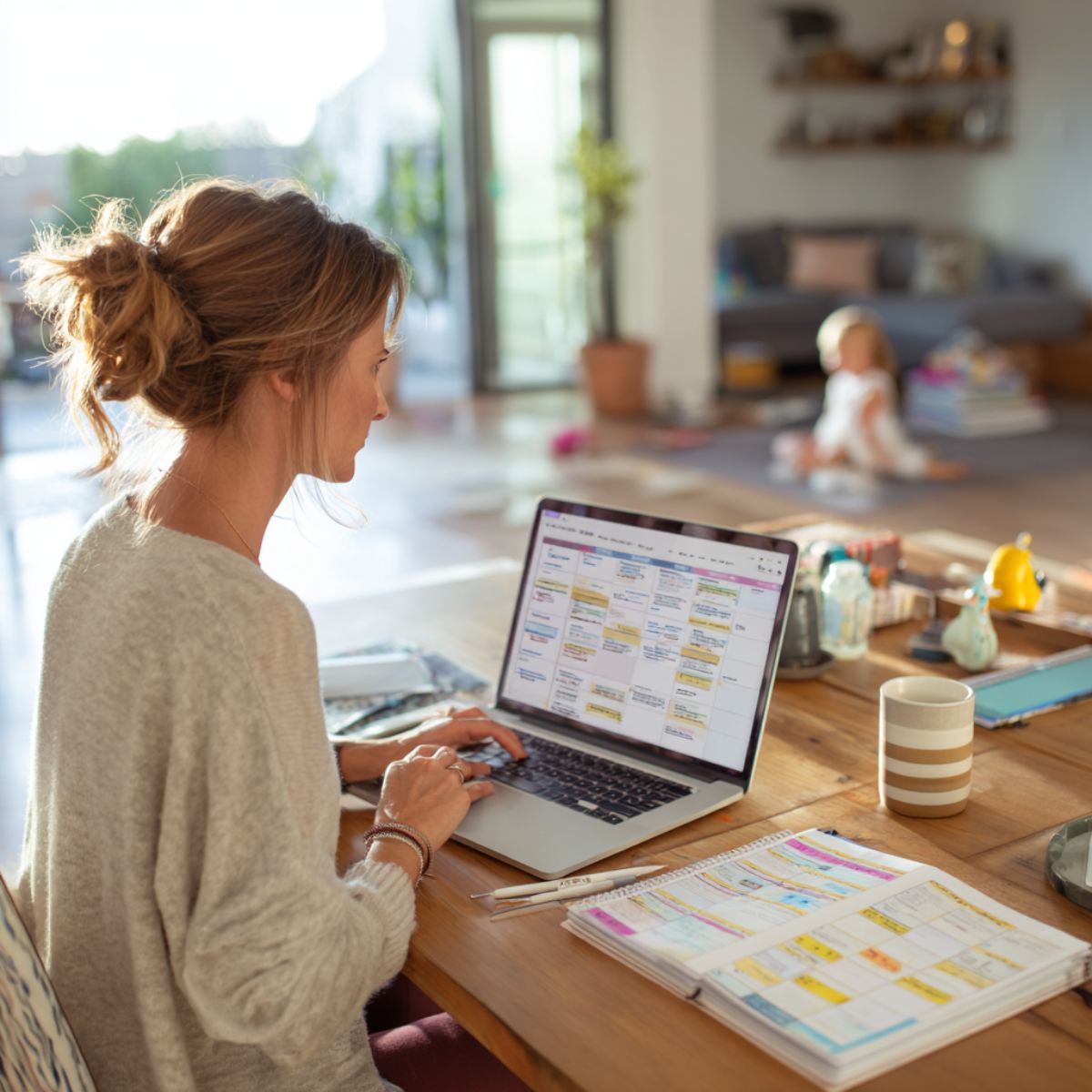 Small business mom entrepreneur using AI marketing systems and structured content workflow while working from home with child playing in background