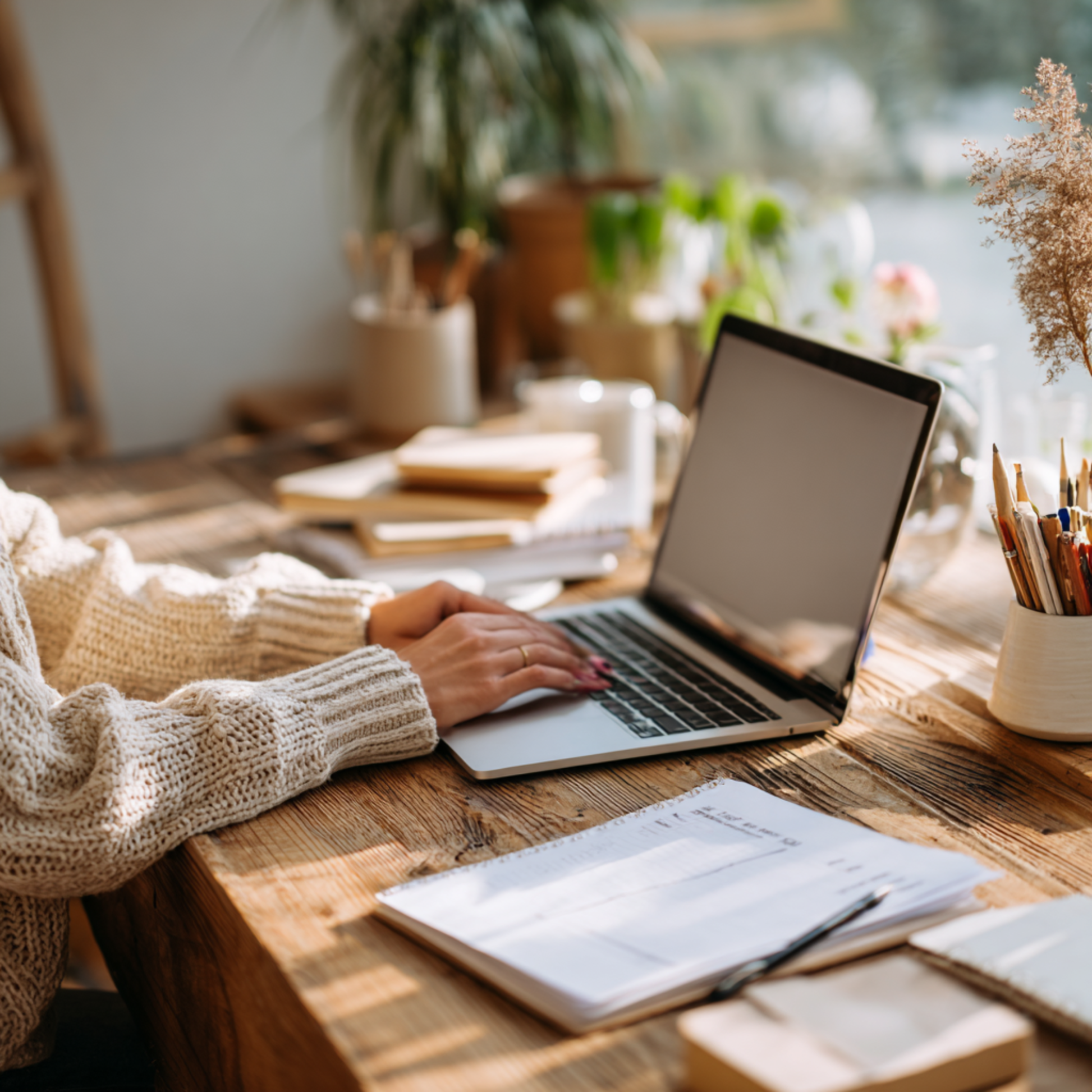 Small business owner creating an educational micro course on a laptop with printed worksheets using an AI prompt.