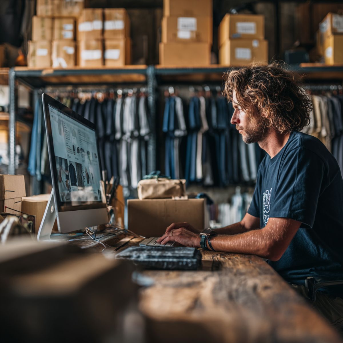 Shopify t-shirt brand owner working in small warehouse studio editing ecommerce product pages with AI tools and structured content workflow