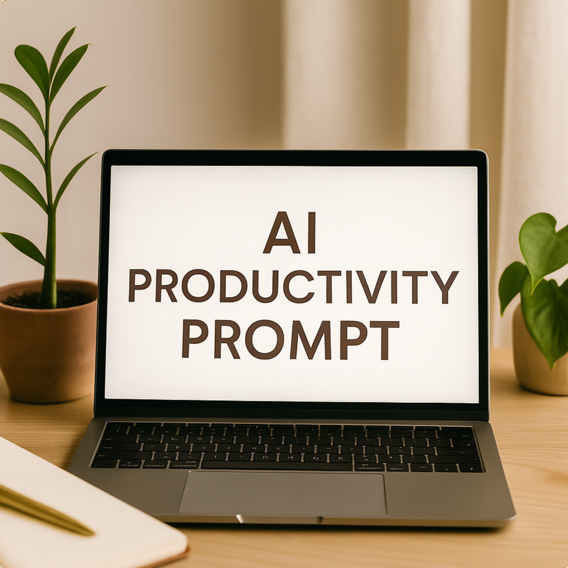 A stylish desk setup featuring a laptop with “AI Productivity Prompt” on screen, surrounded by indoor plants, a notebook, and gold pen – ideal for showcasing AI-driven business tools in a modern feminine workspace.
