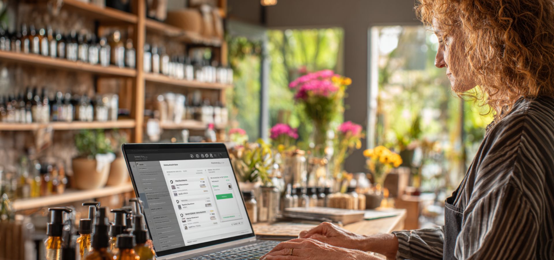 Small retail business owner using AI systems on laptop inside physical store to manage ecommerce, marketing and daily operations