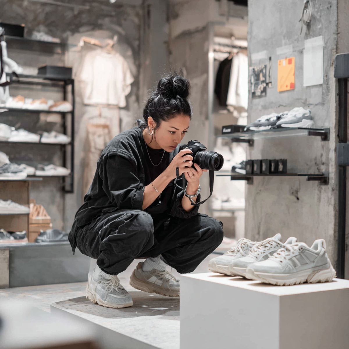 Urban shoe store owner photographing sneakers for ecommerce product listings and marketing using AI structured workflow system