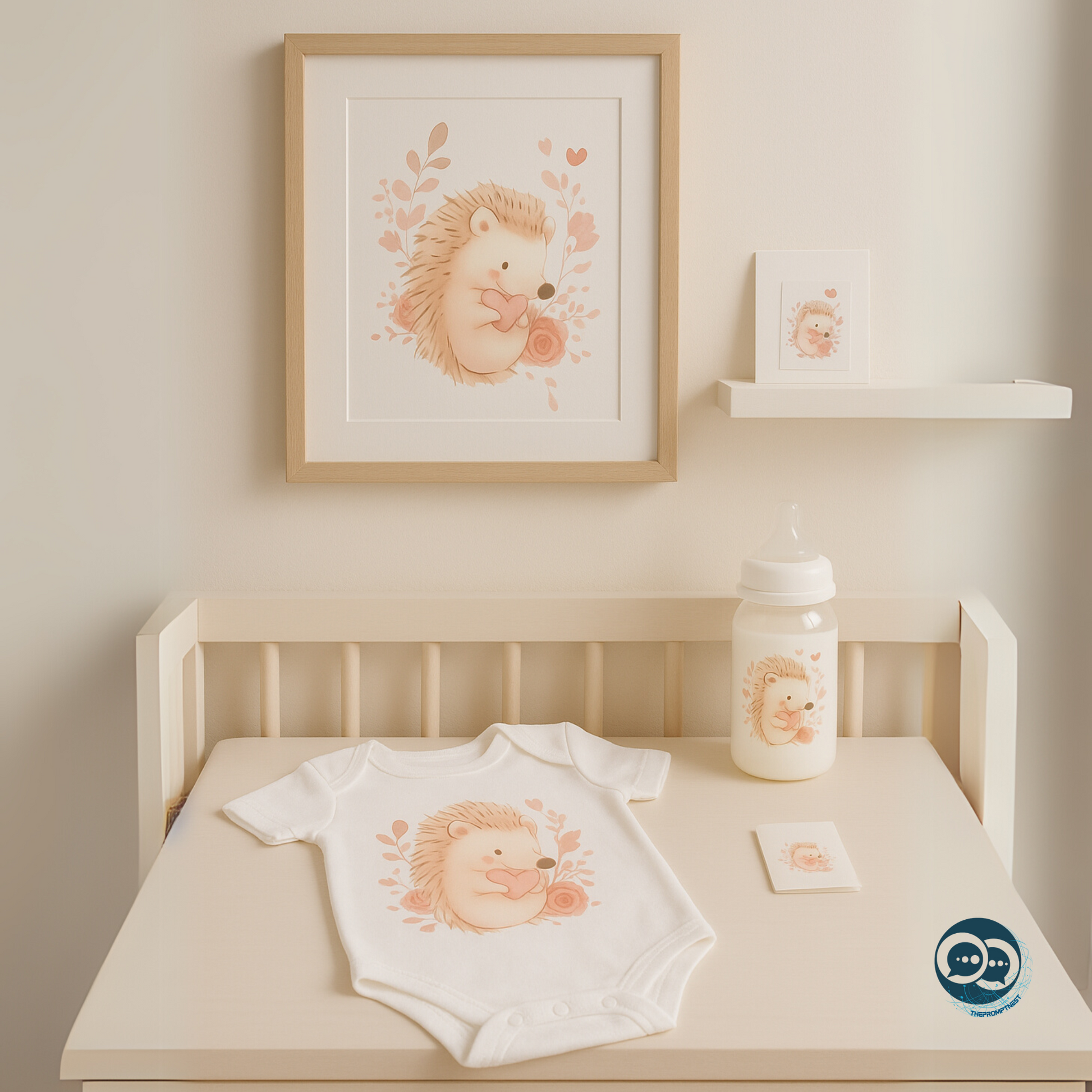 A cozy, pastel-toned Scandinavian nursery featuring a cute hedgehog design as framed wall art above a crib, printed on a white baby onesie on a dresser, a matching baby bottle, and a greeting card on a shelf — soft natural lighting, modern and clean aesthetic.