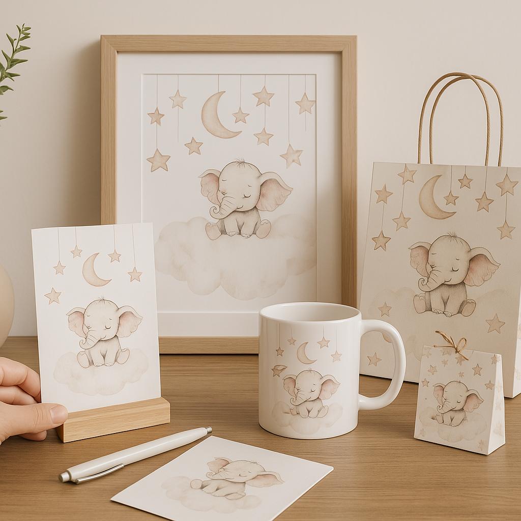 Cute nursery elephant illustration displayed on various print-on-demand baby products