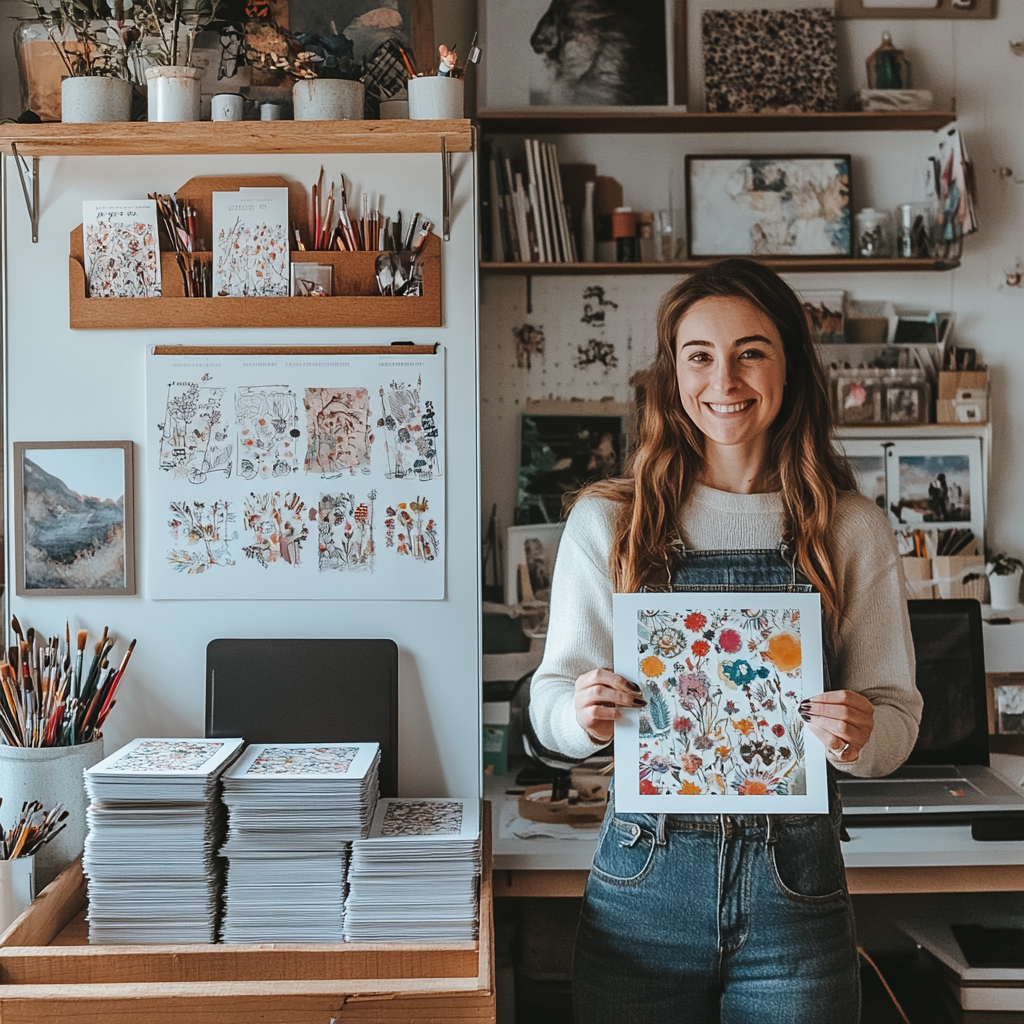 Entrepreneur with stacks of printed adult coloring books in their cozy home office, ready for shipping and showcasing their small business success.