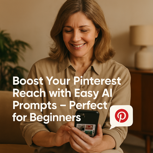 A woman in her 40s browsing Pinterest on her smartphone, with a bold overlay text promoting easy AI prompts designed to help beginners grow their Pinterest reach.