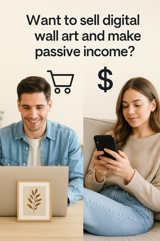Split-screen image showing a man designing wall art on a computer and a woman shopping on her phone; centered icons of a shopping cart and dollar sign with the text “Want to sell digital wall art and make passive income?” in Poppins font.