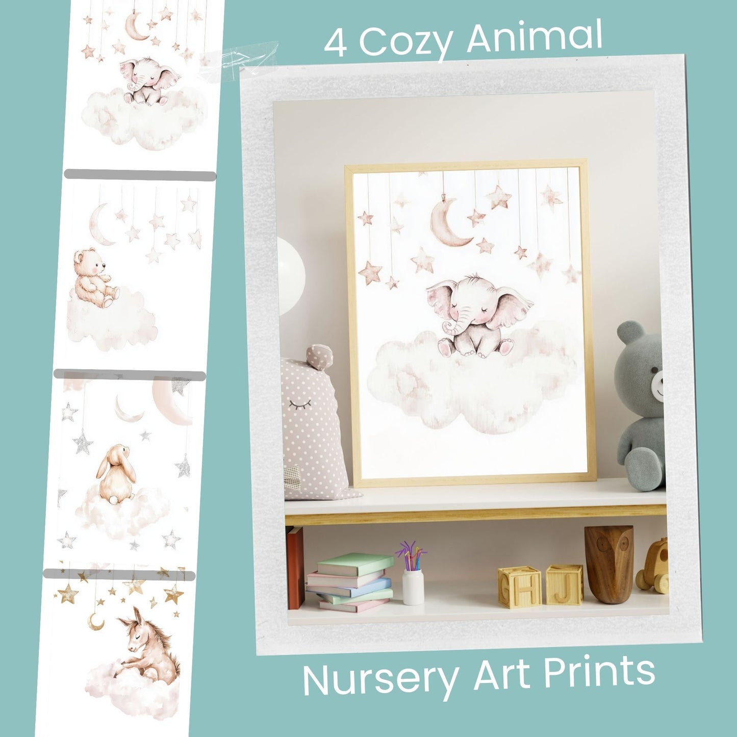 Collage of 4 cozy animal prints in pastel watercolor style, featuring charming illustrations of adorable animals – ideal for a warm and inviting nursery