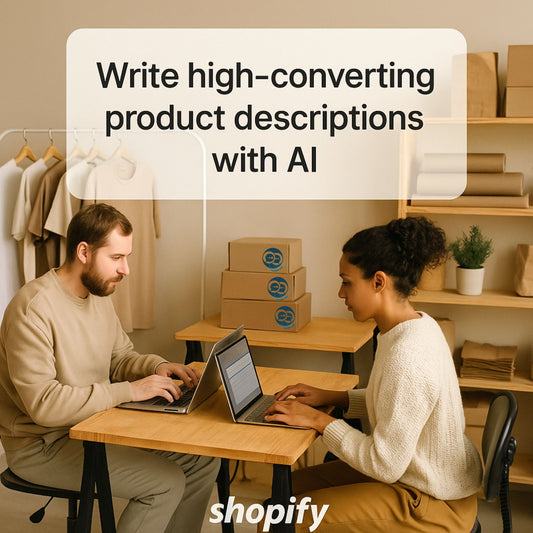 Two Shopify entrepreneurs working in a cozy office space with beige and Scandinavian tones, using AI prompts to optimize their product pages for higher conversions and international sales.