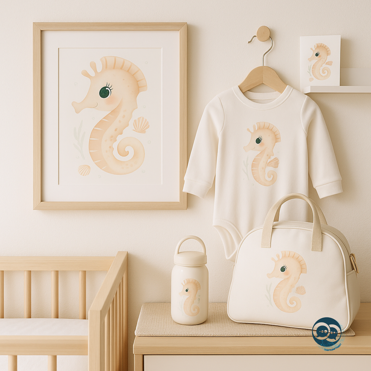 A cozy, soft-toned Scandinavian nursery features a framed seahorse wall art print, a white baby pyjama with the same design on a hanger, a matching diaper bag, and a small greeting card with the seahorse print on a shelf. The room is decorated in pastel colors with natural lighting and a clean, modern aesthetic.
