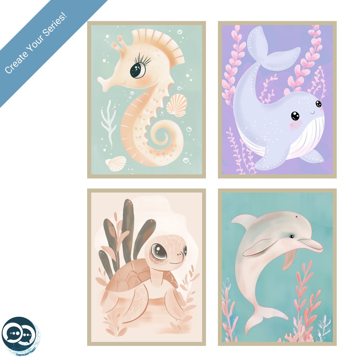 Collage of four AI-generated nursery wall art designs featuring aquatic animals in a soft, minimalist style. Perfect for creating a consistent series with MidJourney prompts
