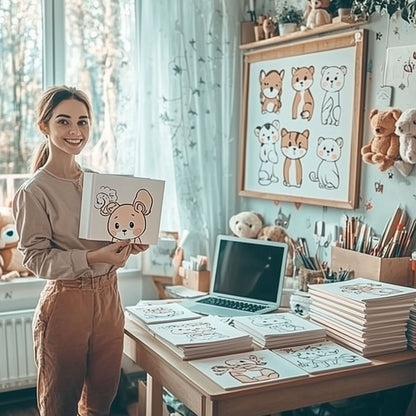 Person holding a cute animal-themed coloring book with a stack of other books beside them, showing how to create your own coloring book with AI prompts.
