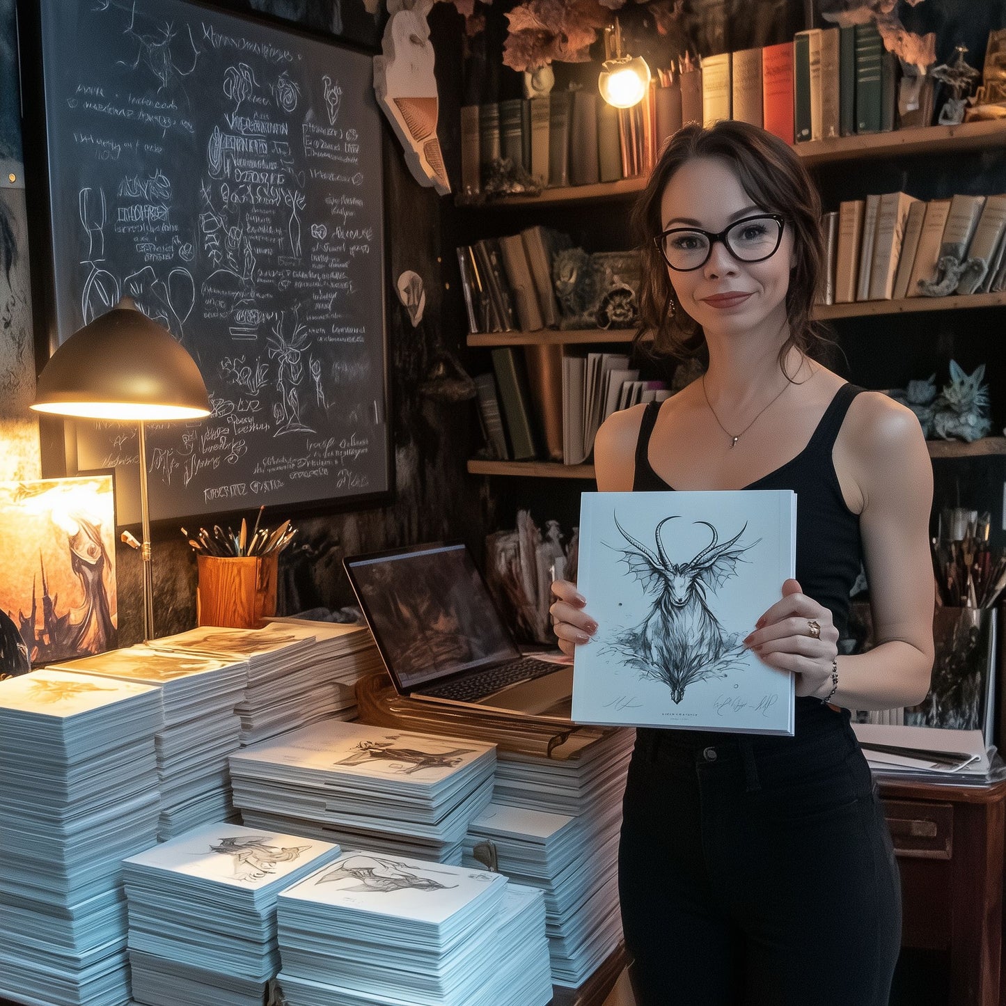 Person holding a fantasy creatures coloring book next to a stack of books, showcasing how to design custom coloring pages with AI