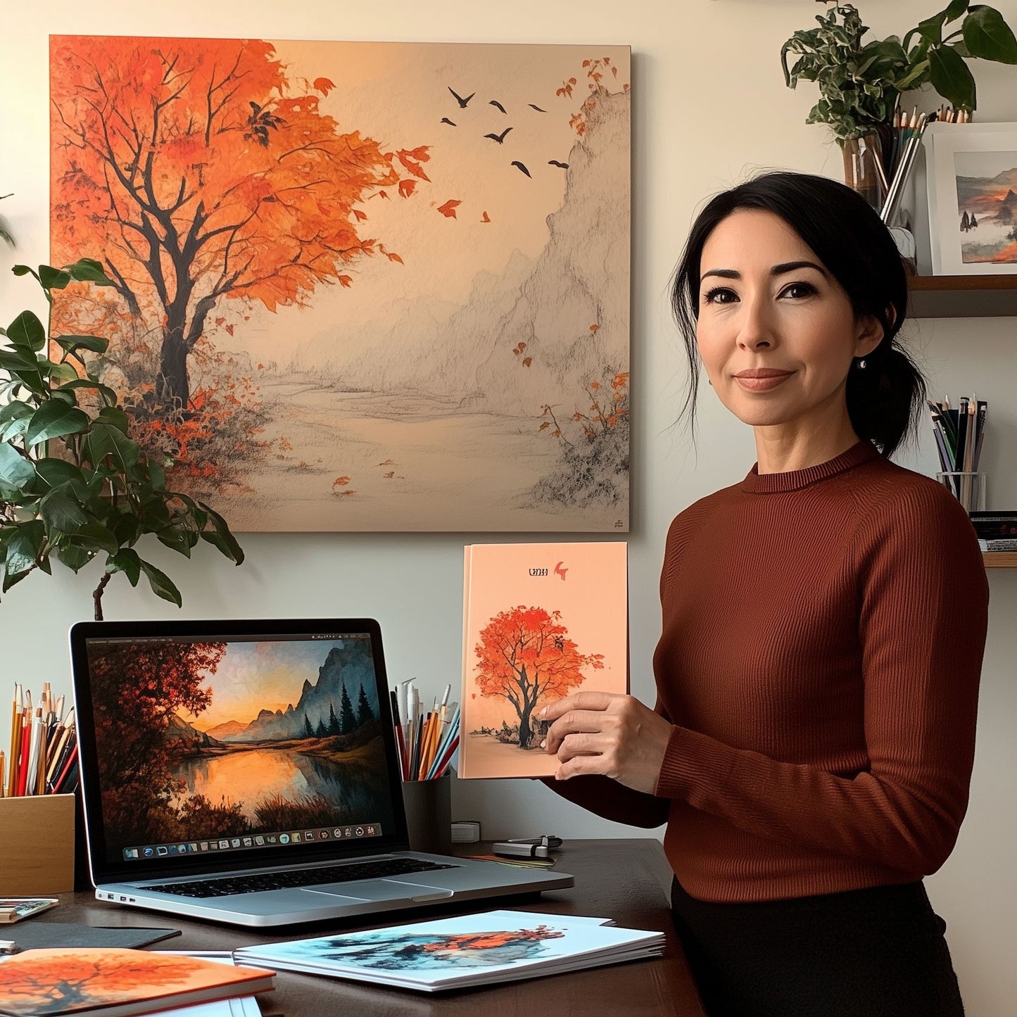 Person holding a landscape-themed coloring book, showcasing how to design your own custom pages using an AI prompt