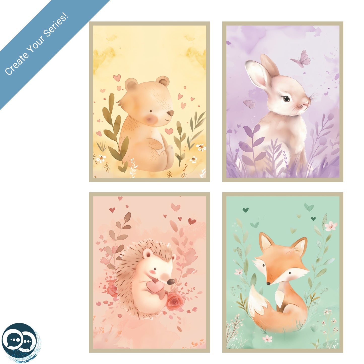 Collage of AI-generated nursery wall art examples, showcasing consistent design for printable series.